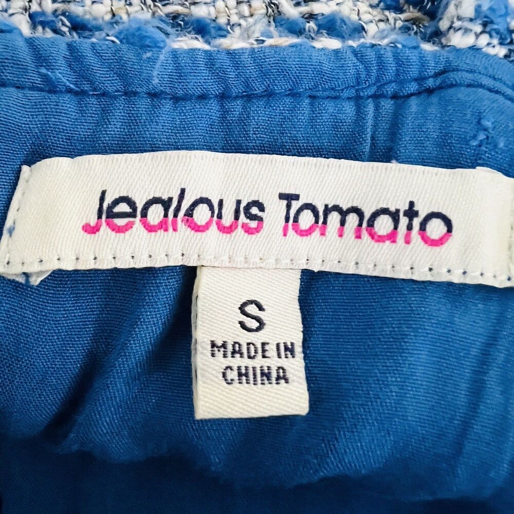Jealous Tomato Blue & White Tweed Cropped Wide Leg Jumpsuit Sleeveless EUC Sz SM - Picture 13 of 16